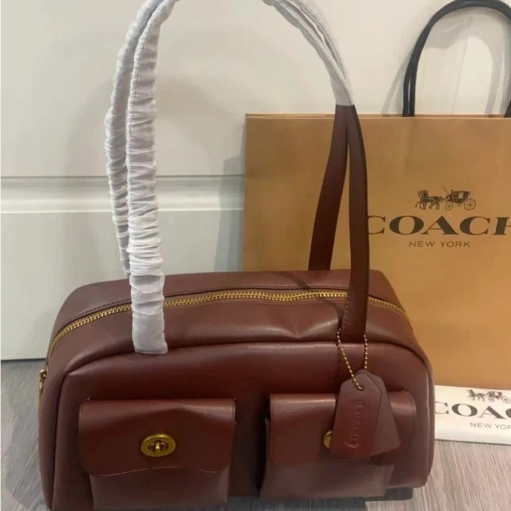 NEW ~ Twin Turn-Lock Coach Chestnut Leather Satchel (Large Size) - Picture 4 of 9